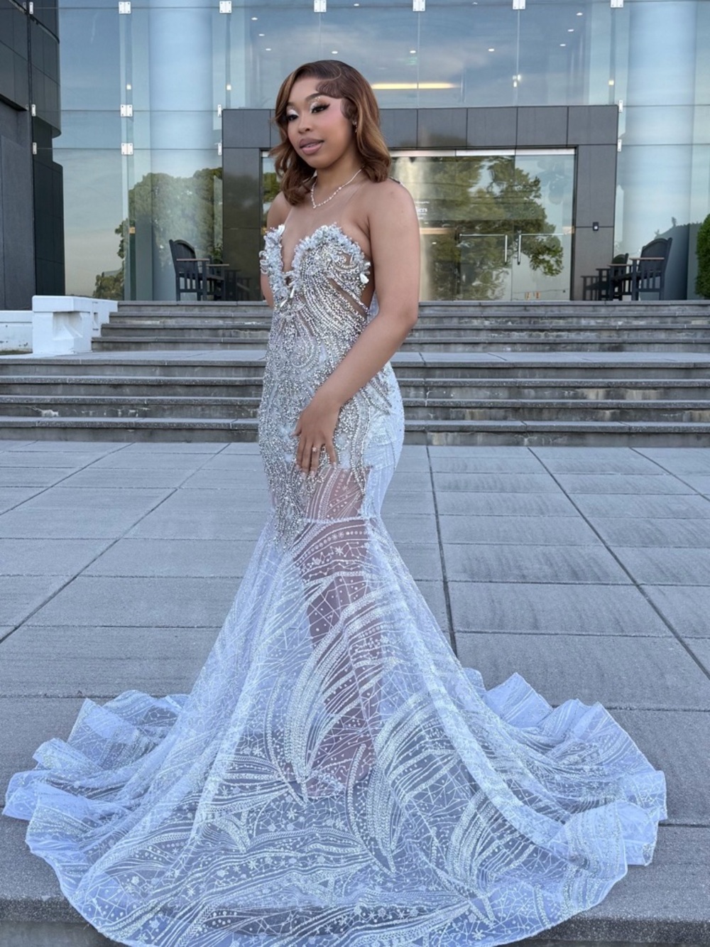 Custom Strapless Silver Crystal Beaded Mermaid Prom Dress